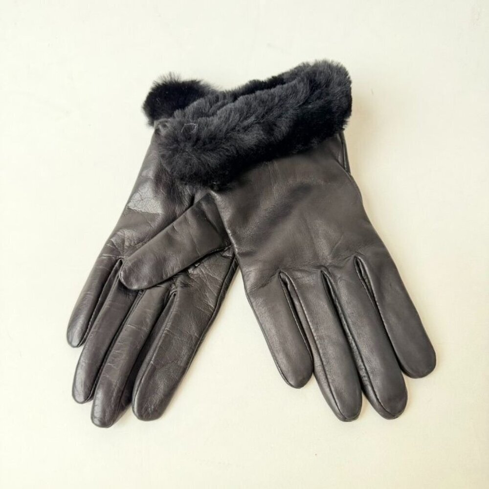 UGG Women’s Leather Vent Gloves Black Fur Cuff - Size M